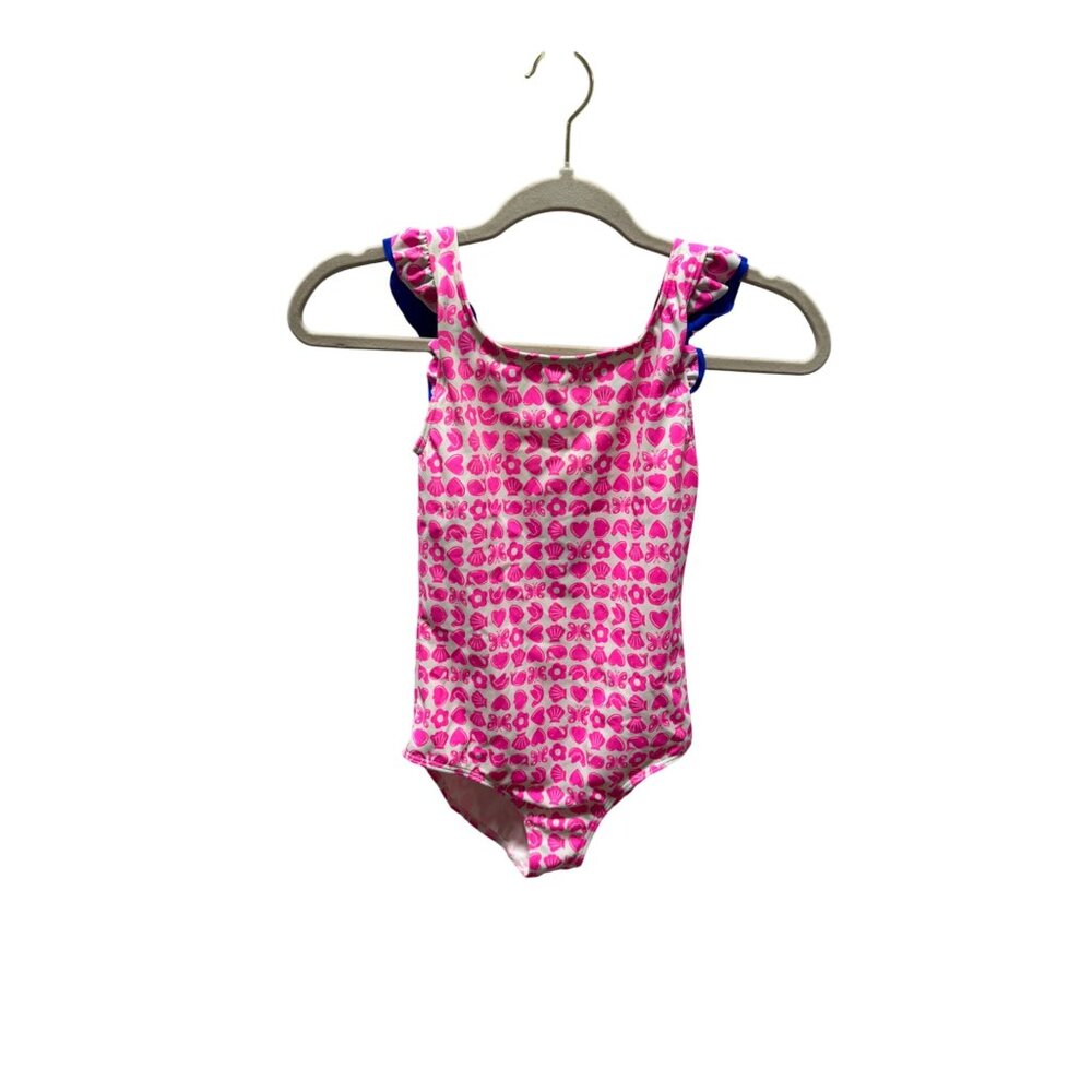 Boden Pink Heart Print One-Piece Swimsuit with Blue Trim